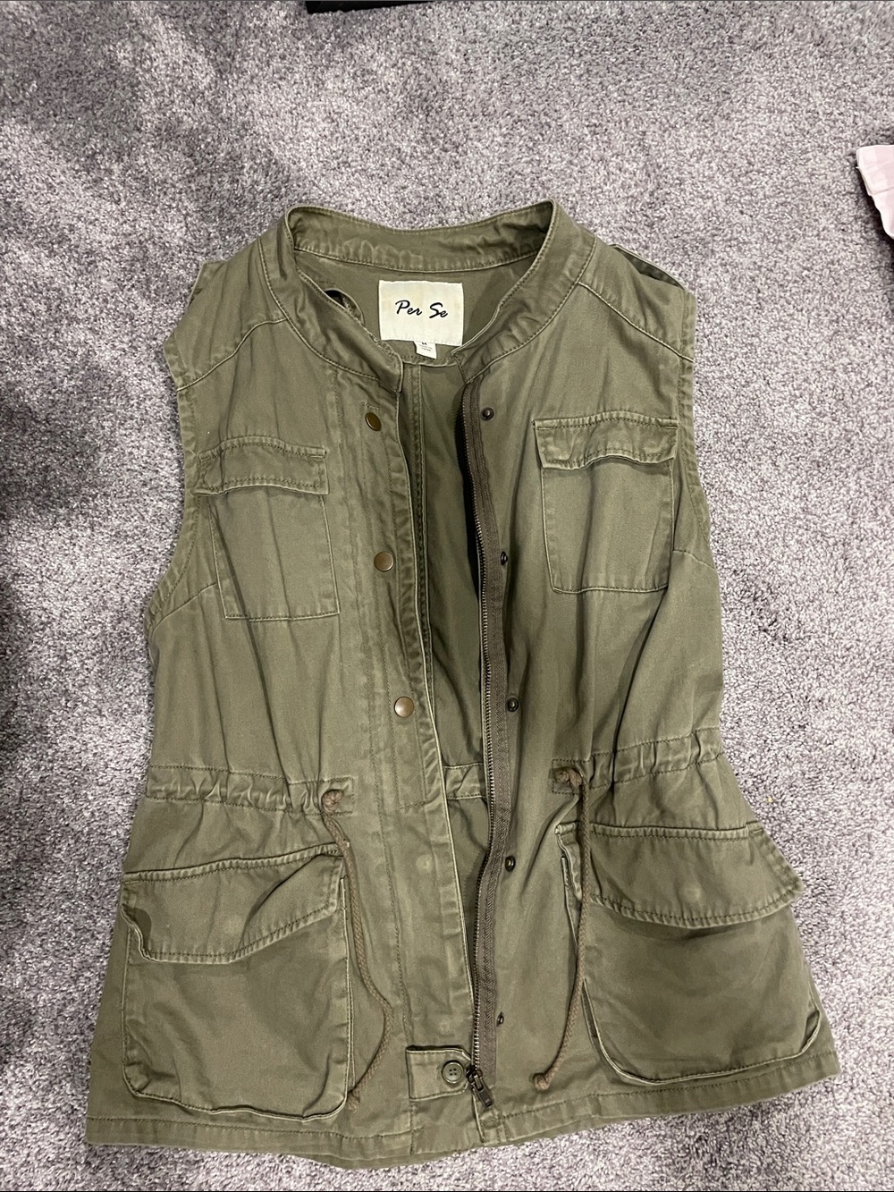 Per Se Olive Green Utility Vest – Drawstring Waist